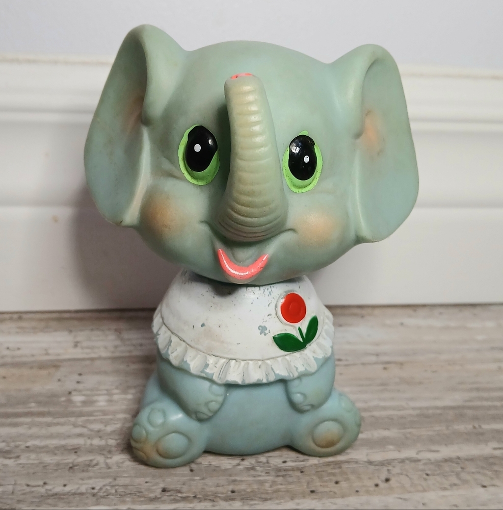 Vintage 1970s Blue Elephant Rubber Squeaky Toy Made in Korea Collectible